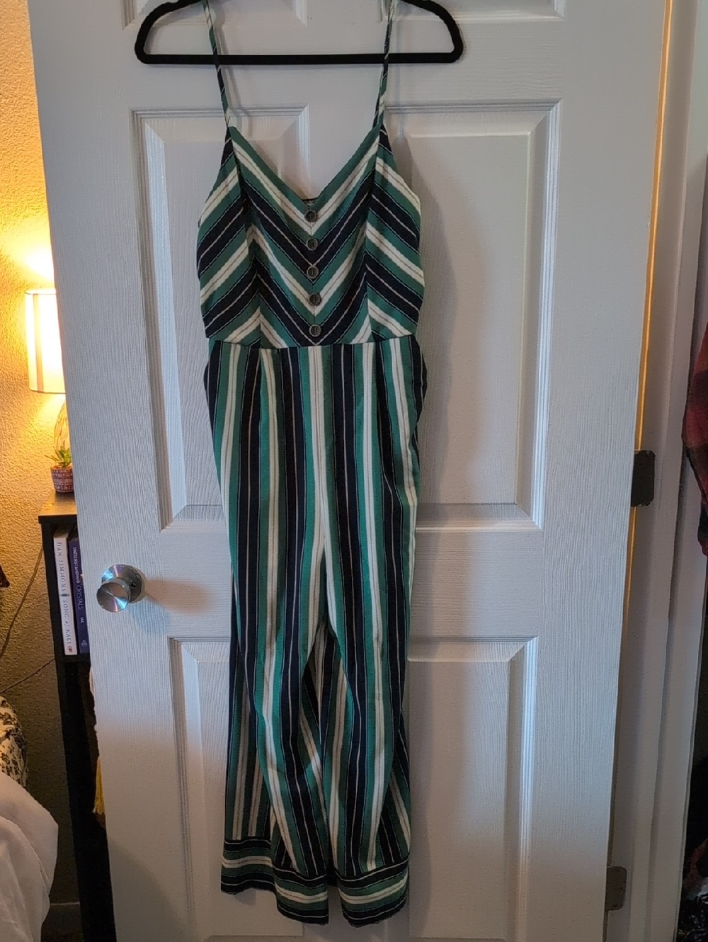 Striped Spaghetti Strap Jumpsuit in Teal, Black & White